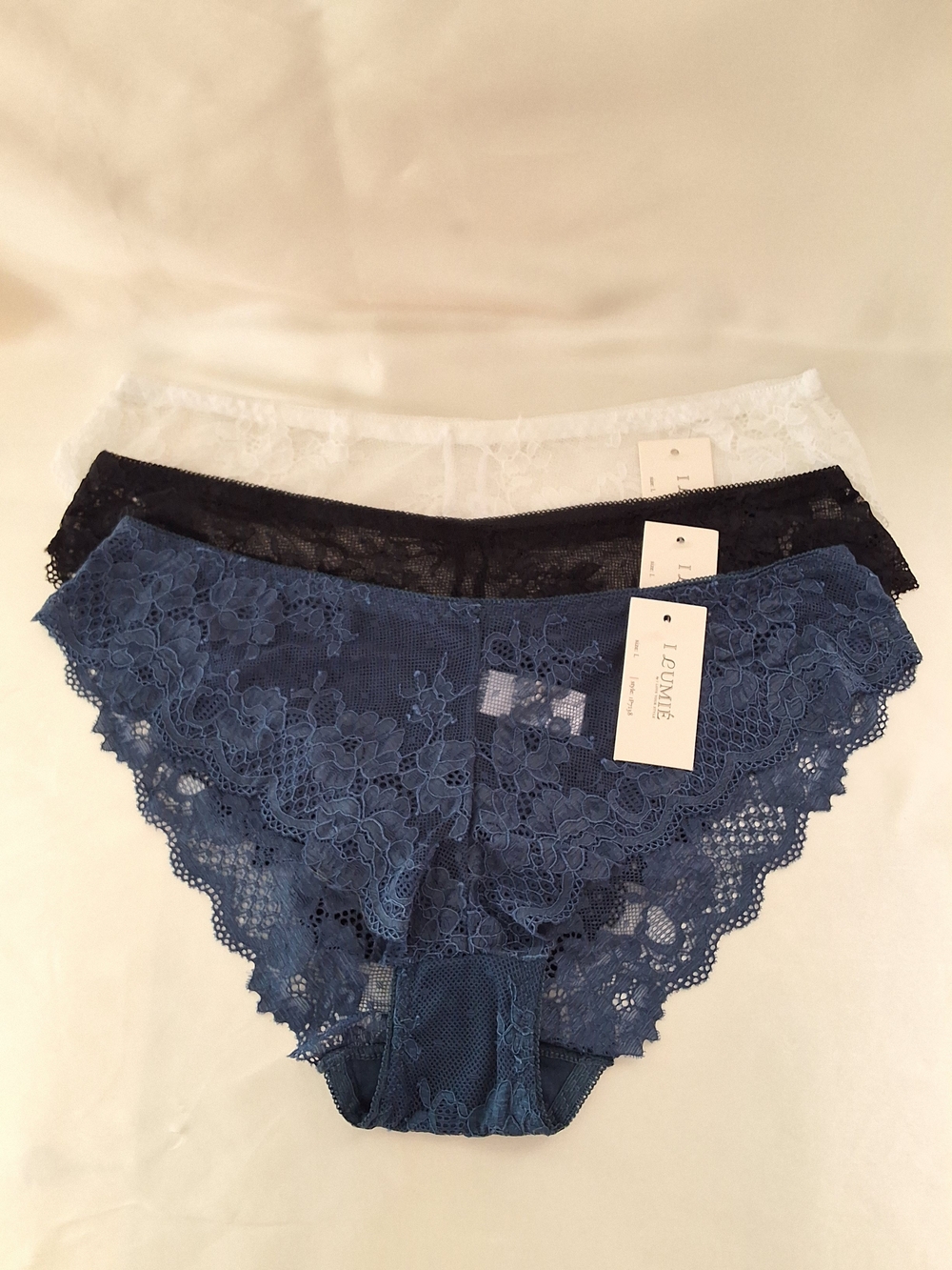 Lace Bikini Panty Set - Navy, Black & White - 3-Pack